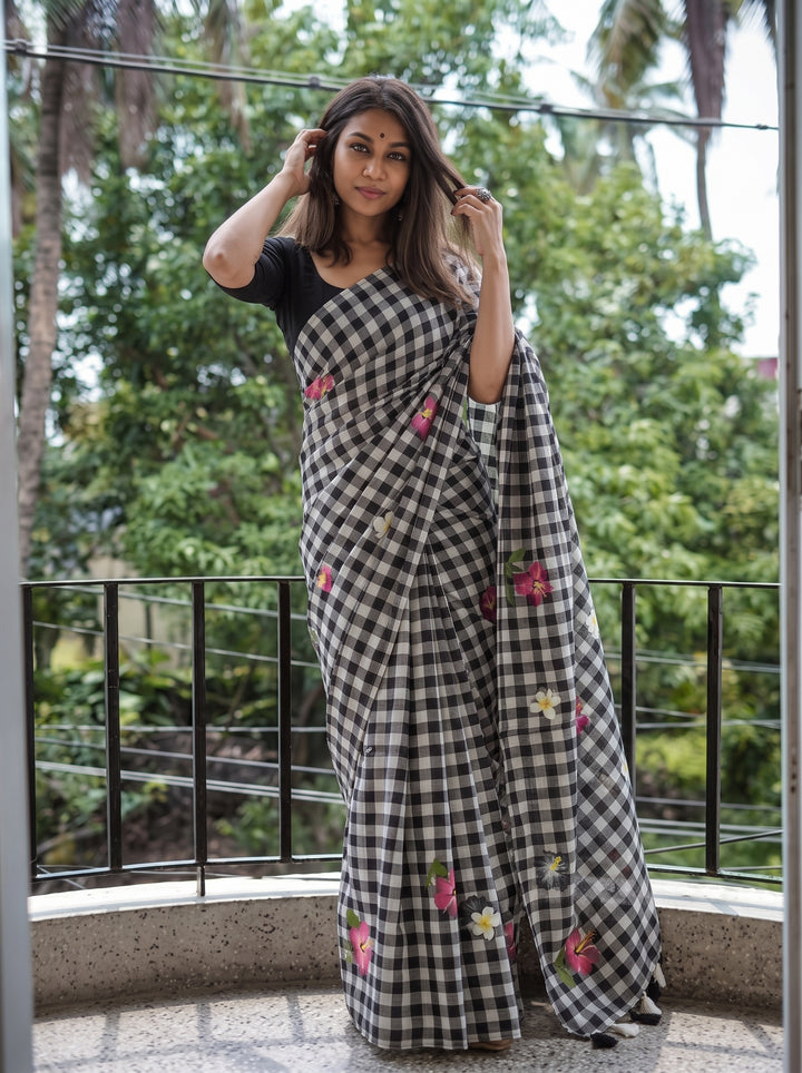 Black & White Checkered Mul Cotton Saree with Floral Motifs, Tassels & Blouse Piece
