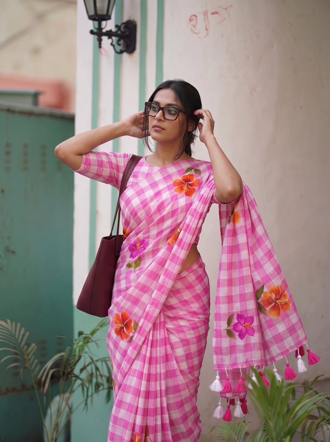 Blush Pink & White Checkered Mul Cotton Saree with Floral Motifs, Tassels & Blouse Piece