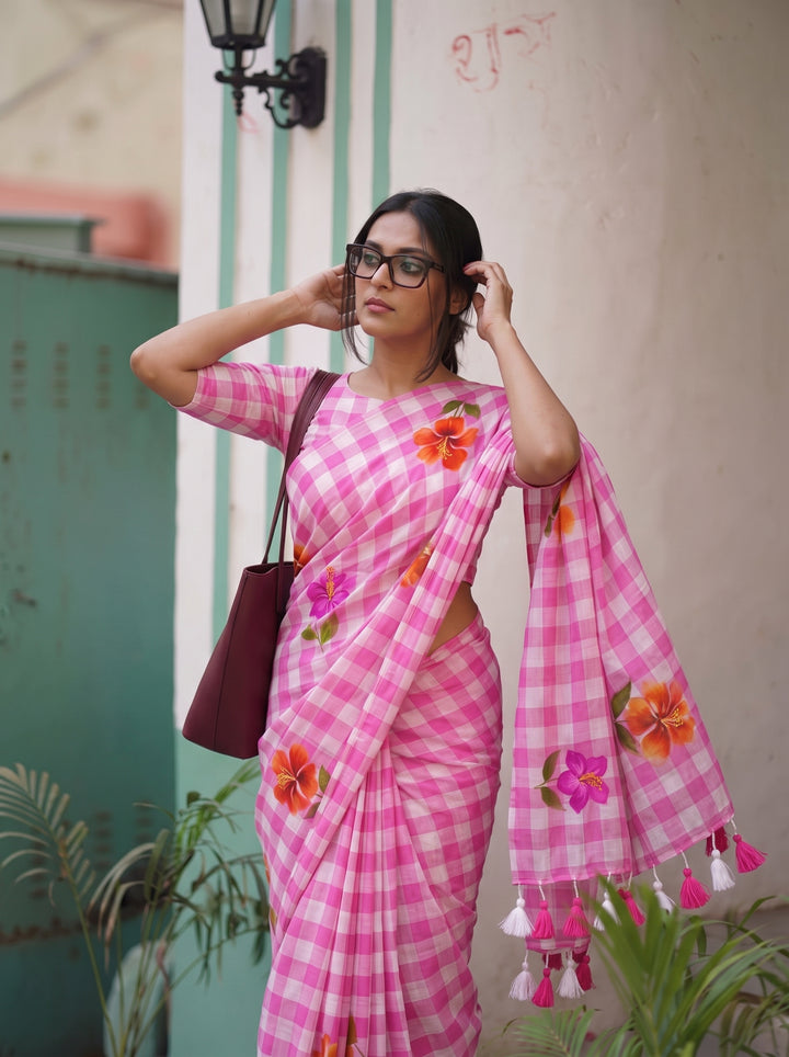 Blush Pink & White Checkered Mul Cotton Saree with Floral Motifs, Tassels & Blouse Piece