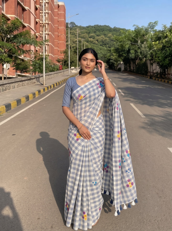 Grey & White Checkered Mul Cotton Saree with Multicolour Floral Motifs, Tassels & Blouse Piece