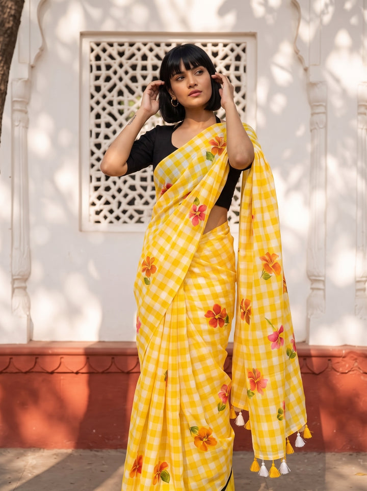 Yellow & White Checkered Mul Cotton Saree with Floral Motifs, Tassels & Blouse Piece