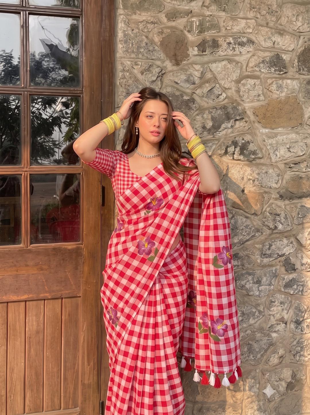 Red & White Checkered Mul Cotton Saree with Floral Motifs, Tassels & Blouse Piece