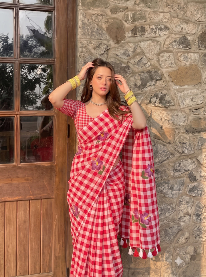 Red & White Checkered Mul Cotton Saree with Floral Motifs, Tassels & Blouse Piece