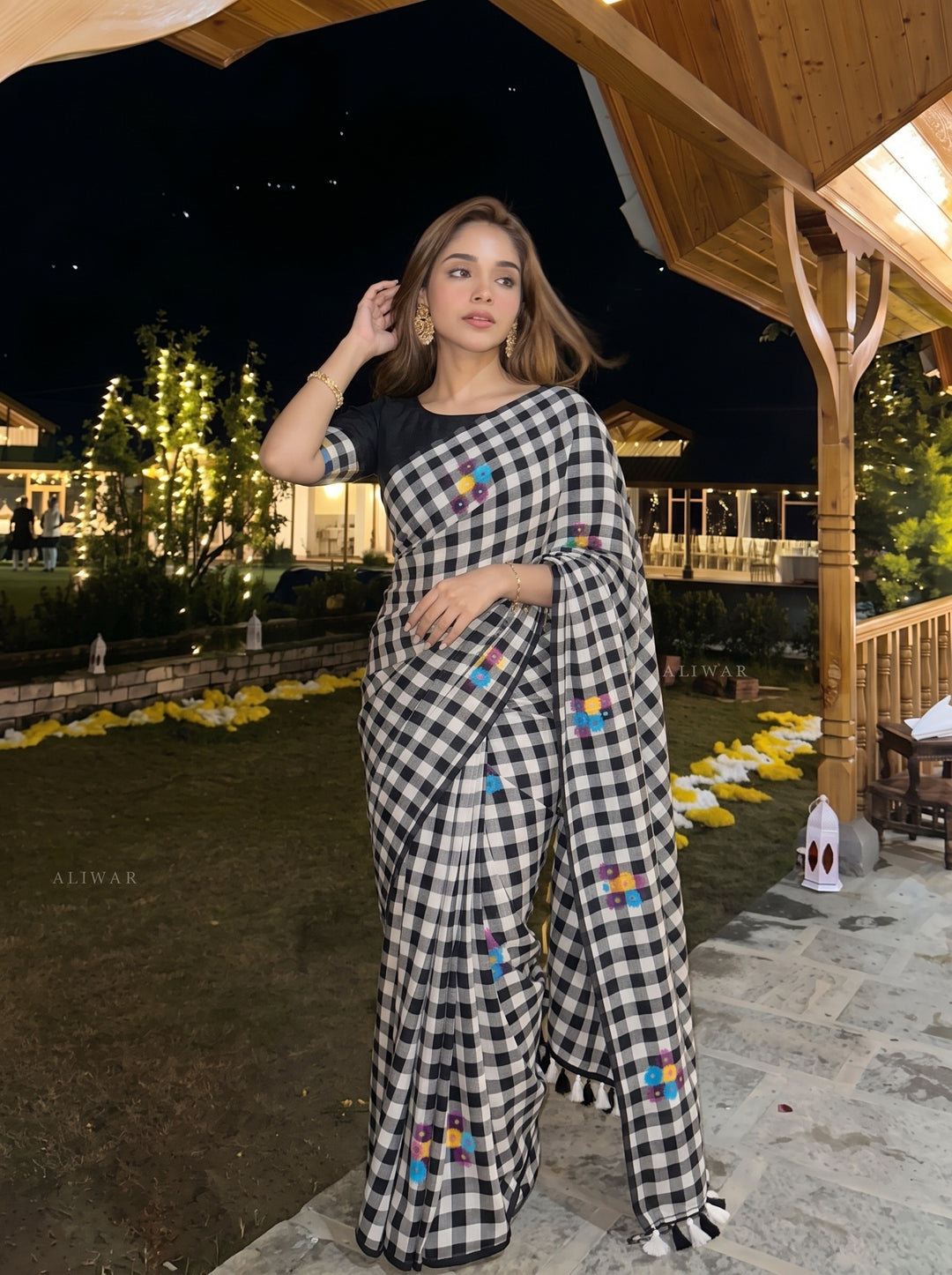 Black & White Checkered Mul Cotton Saree with Multicolour Floral Motifs, Tassels & Blouse Piece