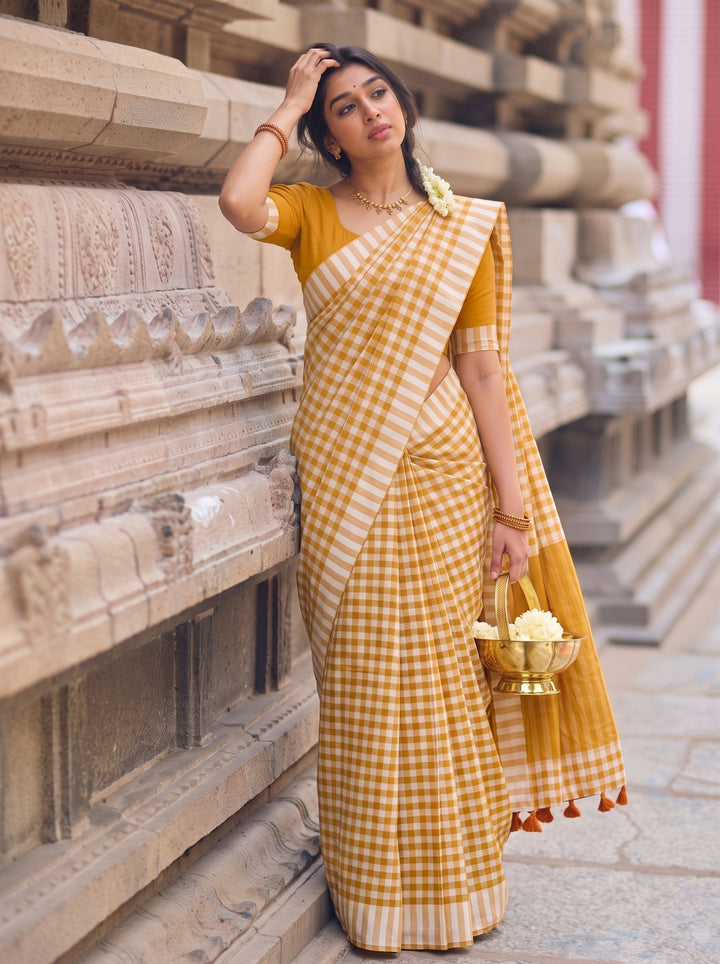 Mustard Yellow & White Checkered Mul Cotton Saree with Striped Border, Tassels & Blouse Piece