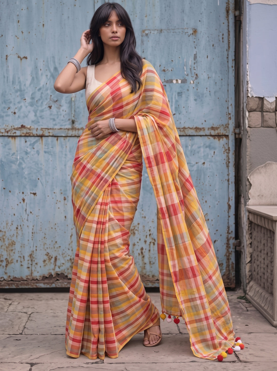 Multicolour Checkered Mul Cotton Saree with Colourful Tasselled Pallu, Comes With Attached Blouse Piece