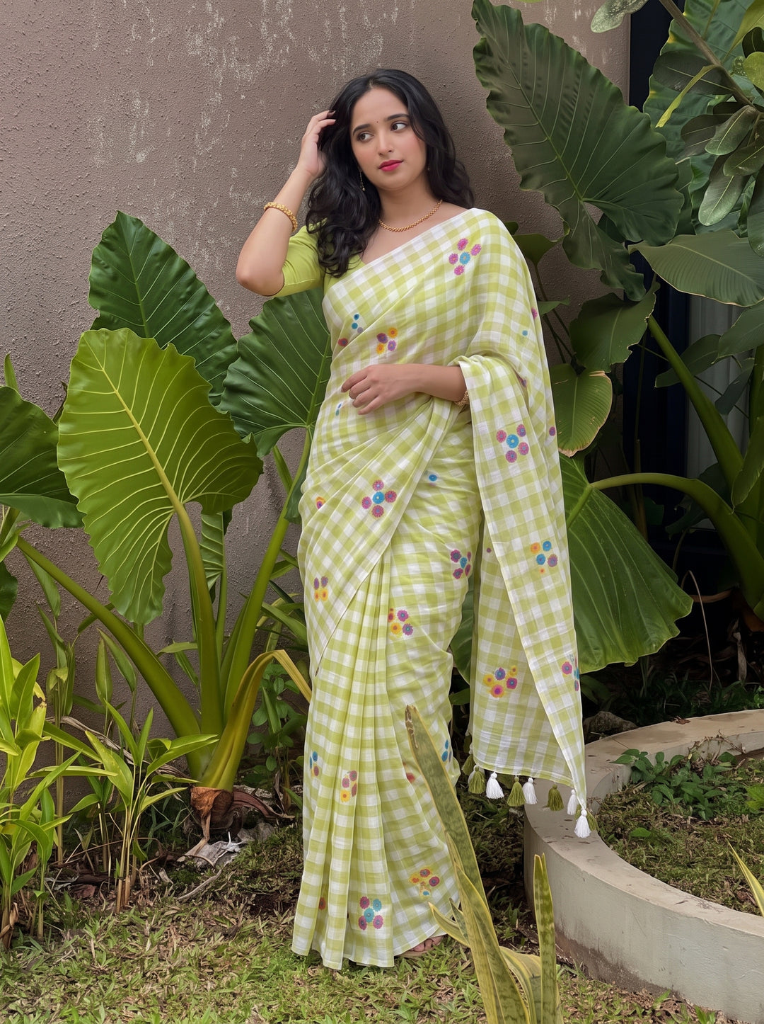 Pista Green & White Checkered Mul Cotton Saree with Multicolour Floral Motifs, Tassels & Blouse Piece