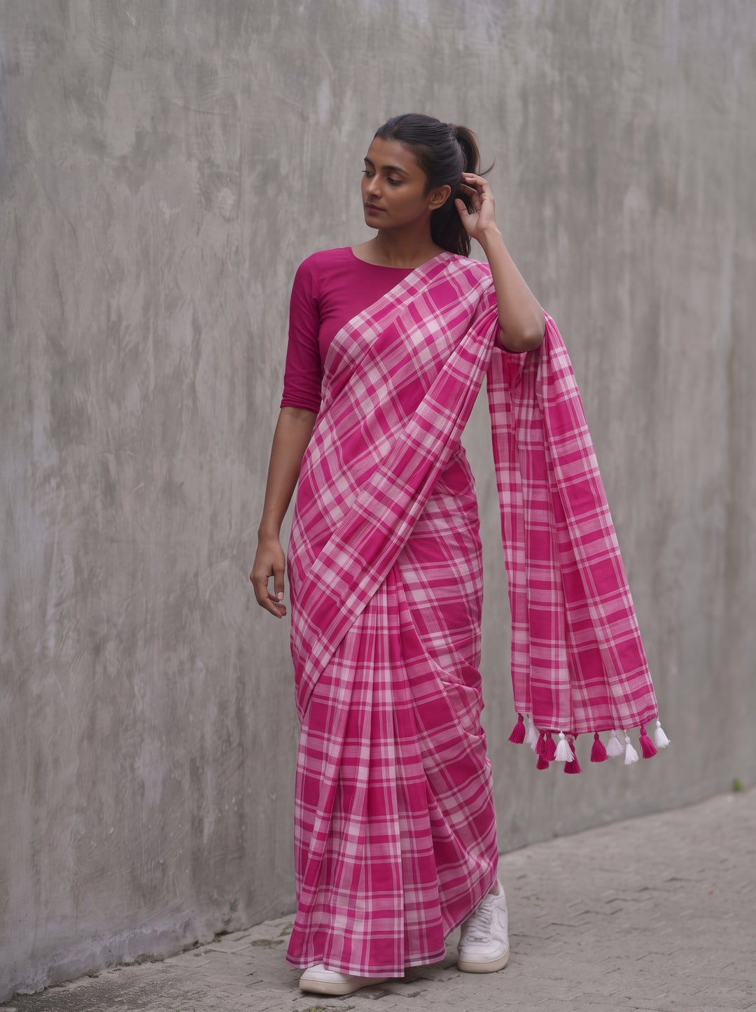 Rani Pink & White Madras Checkered Mul Cotton Saree with Tassels & Blouse Piece