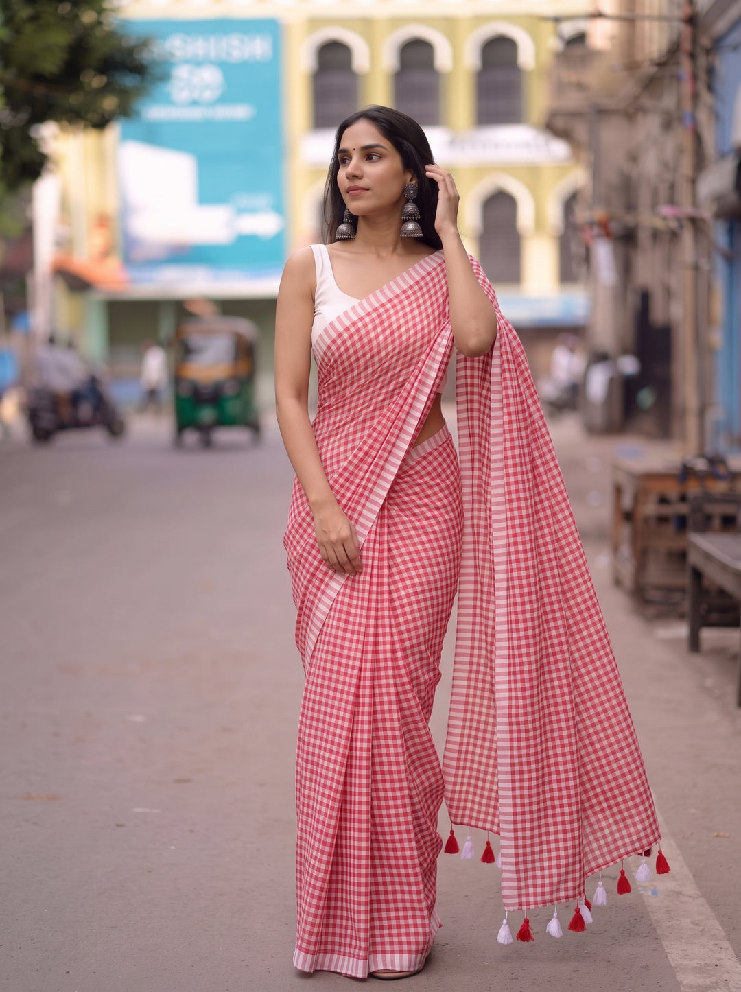 Red & White Checkered Mul Cotton Saree with Tassels & Blouse Piece