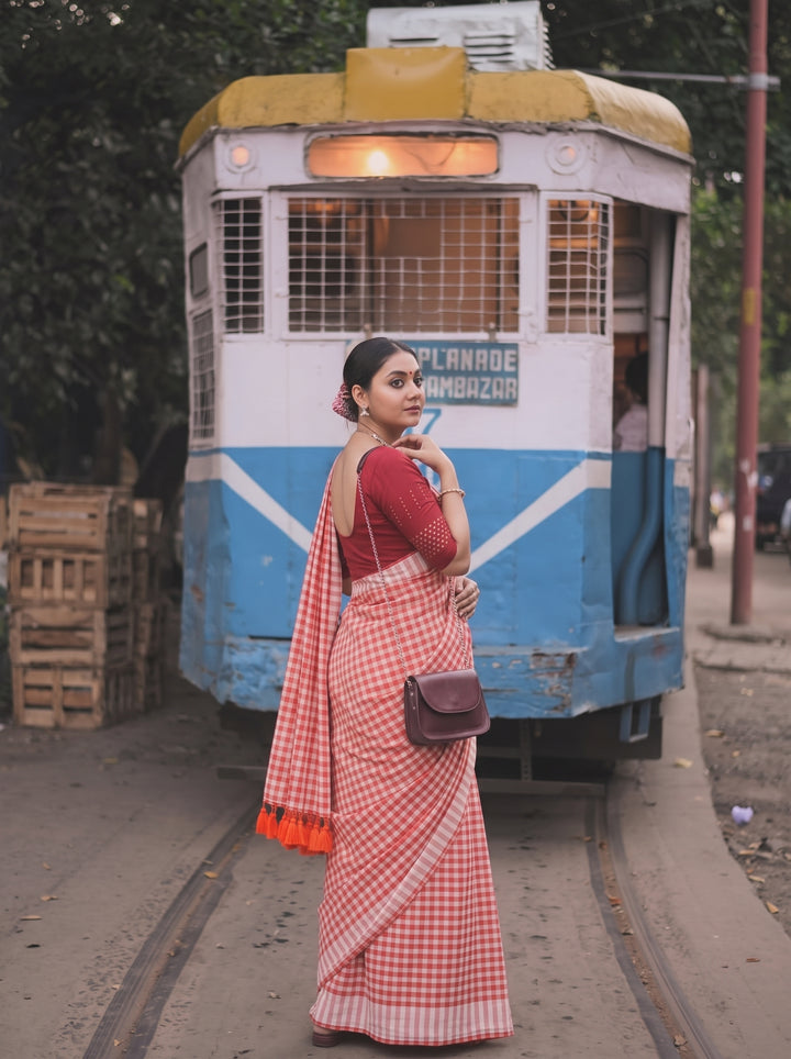 Orange & White Checkered Mul Cotton Saree with Striped Border & Blouse Piece