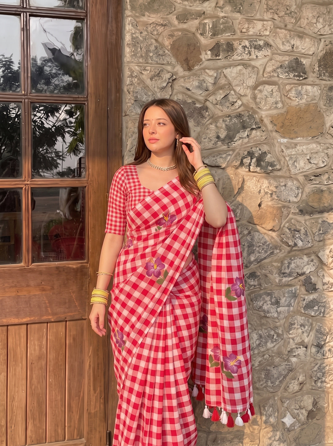 Red & White Checkered Mul Cotton Saree with Floral Motifs, Tassels & Blouse Piece