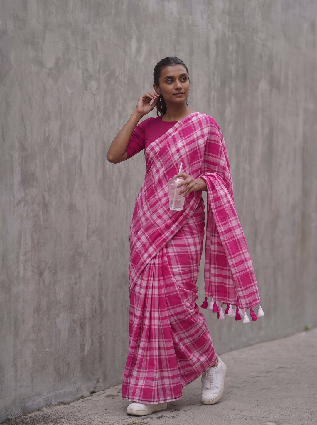 Rani Pink & White Madras Checkered Mul Cotton Saree with Tassels & Blouse Piece