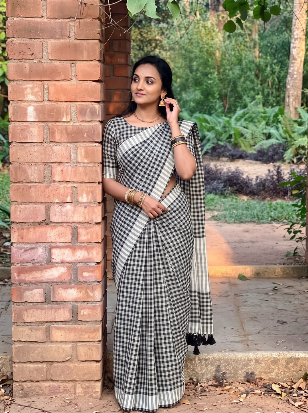 Black & White Checkered Mul Cotton Saree with Tassels & Blouse Piece
