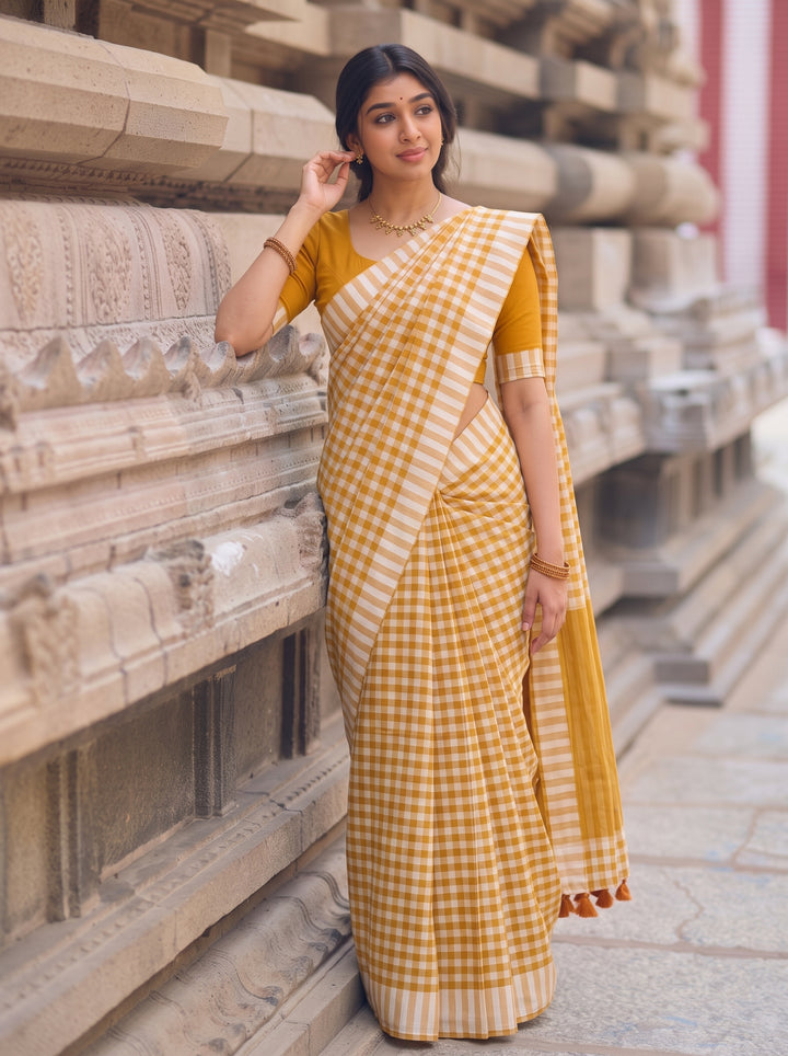 Mustard Yellow & White Checkered Mul Cotton Saree with Striped Border, Tassels & Blouse Piece