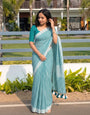 Aqua Green & White Checkered Mul Cotton Saree with Tassels & Blouse Piece