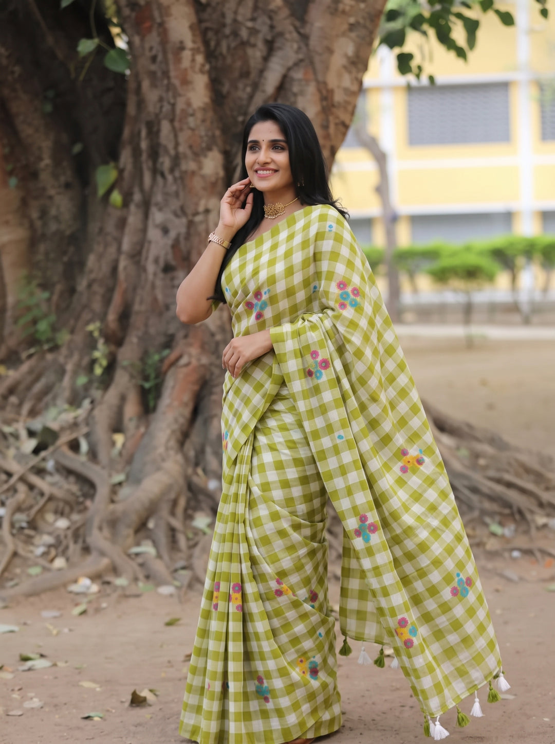 Lime Green & White Checkered Mul Cotton Saree with Multicolour Floral Motifs, Tassels & Blouse Piece