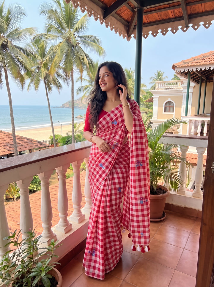 Red & White Checkered Mul Cotton Saree with Multicolour Floral Motifs, Tassels & Blouse Piece