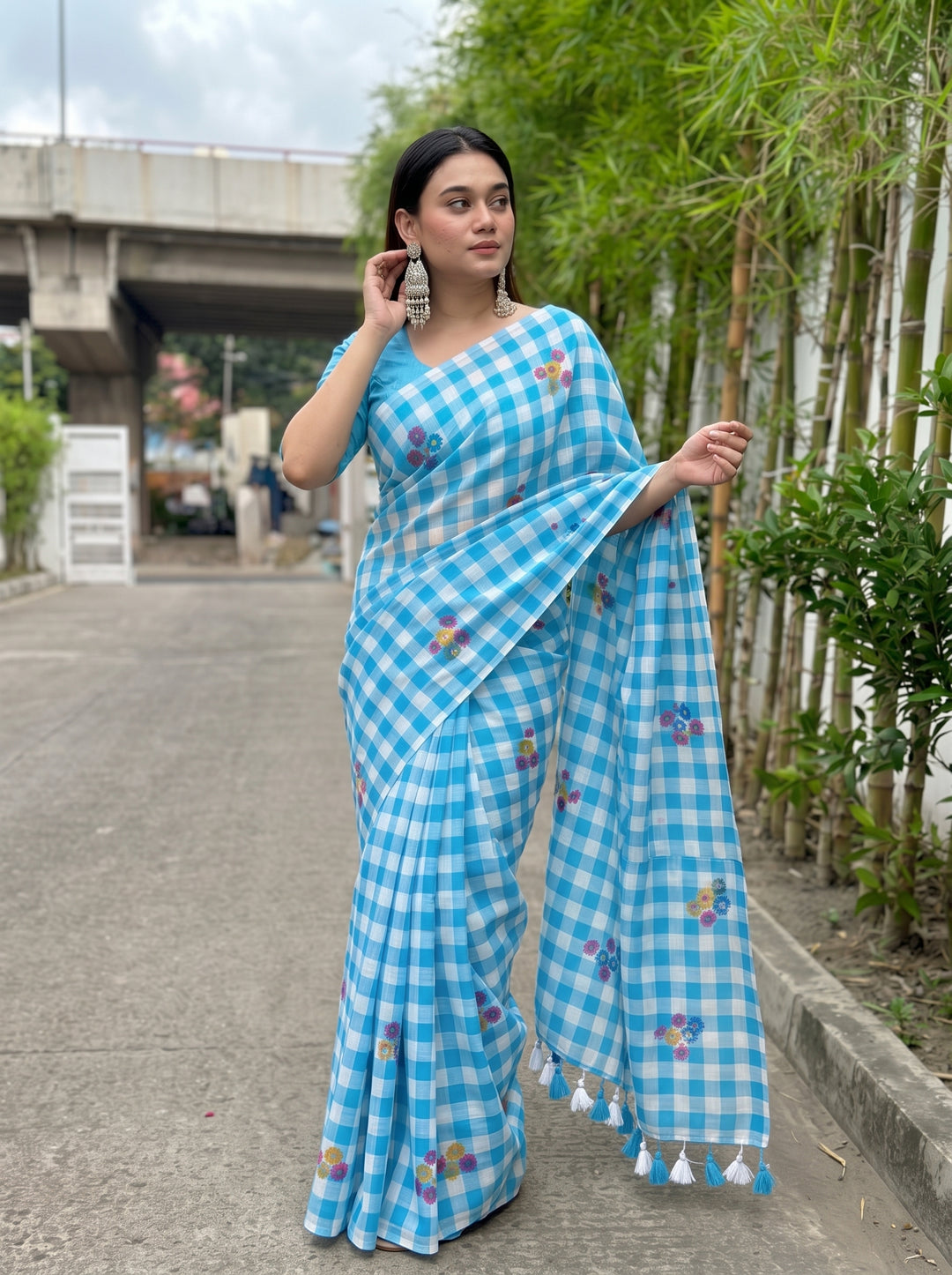 Sky Blue & White Checkered Mul Cotton Saree with Multicolour Floral Motifs, Tassels & Blouse Piece
