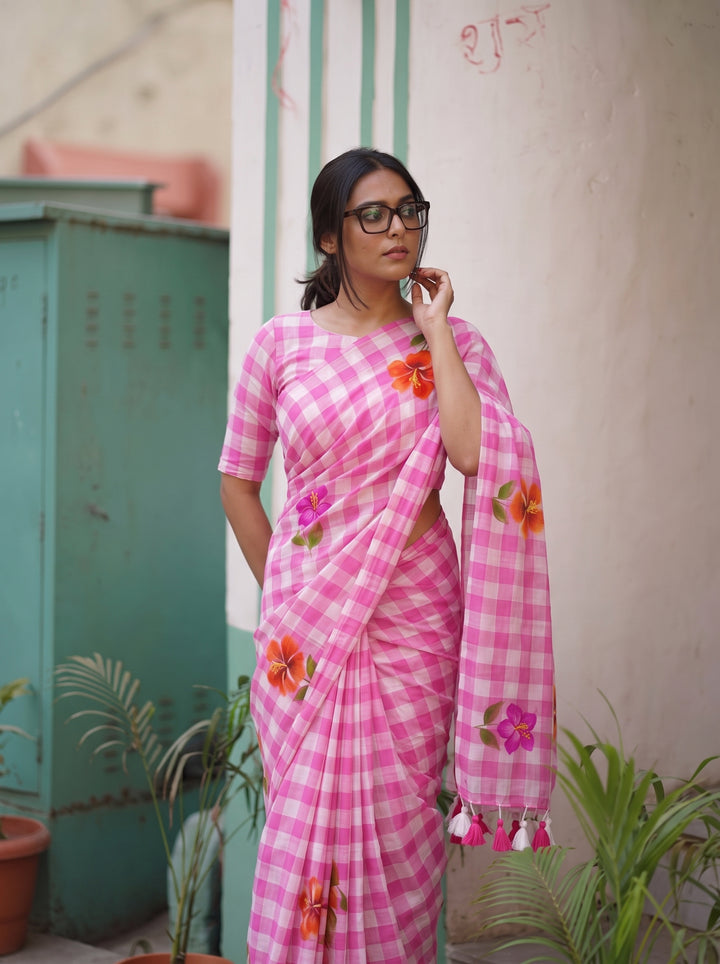 Blush Pink & White Checkered Mul Cotton Saree with Floral Motifs, Tassels & Blouse Piece