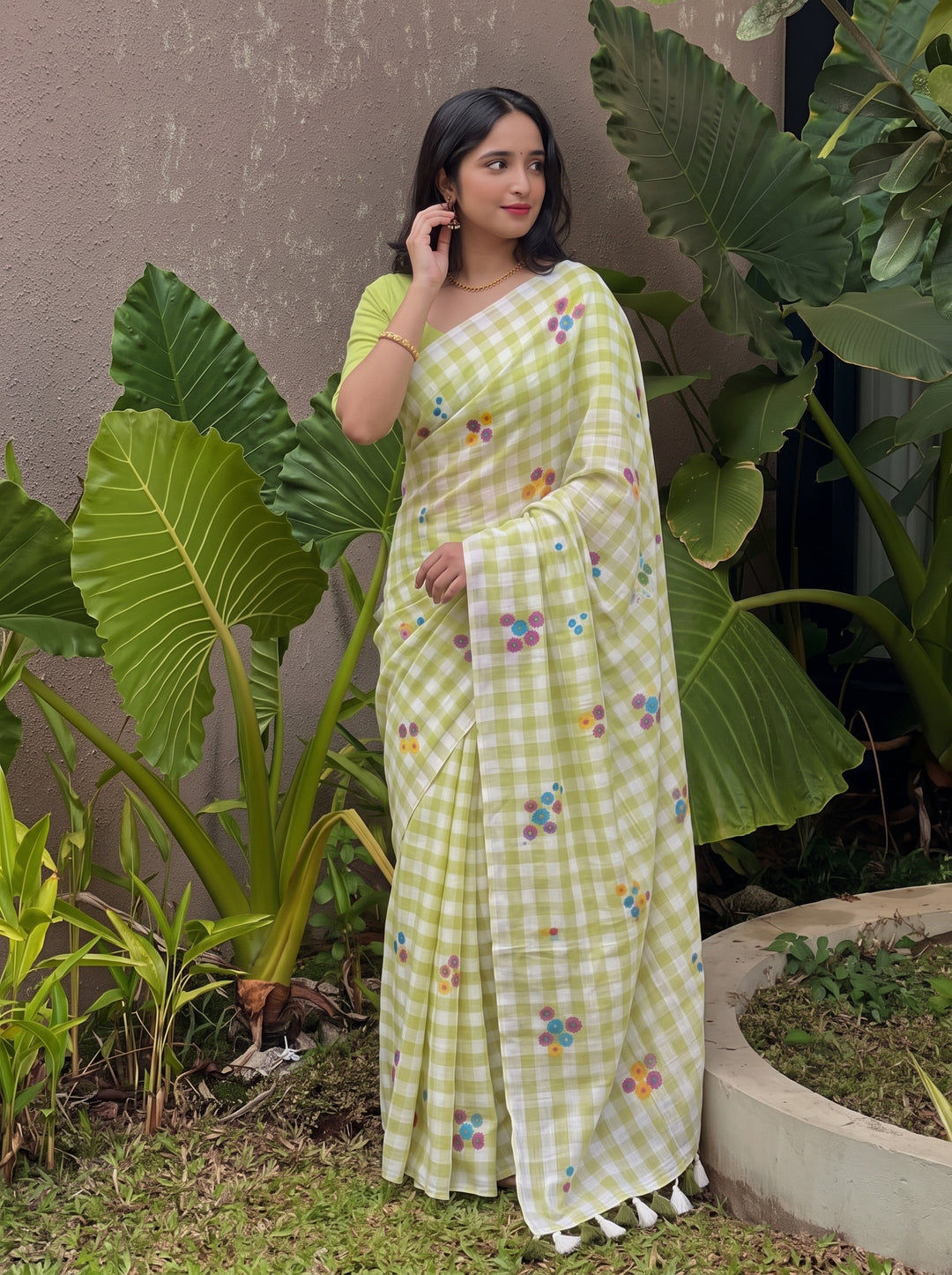 Pista Green & White Checkered Mul Cotton Saree with Multicolour Floral Motifs, Tassels & Blouse Piece