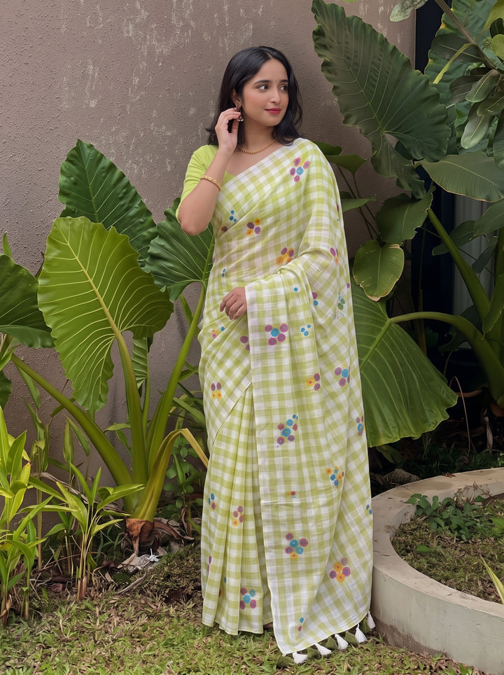 Pista Green & White Checkered Mul Cotton Saree with Multicolour Floral Motifs, Tassels & Blouse Piece