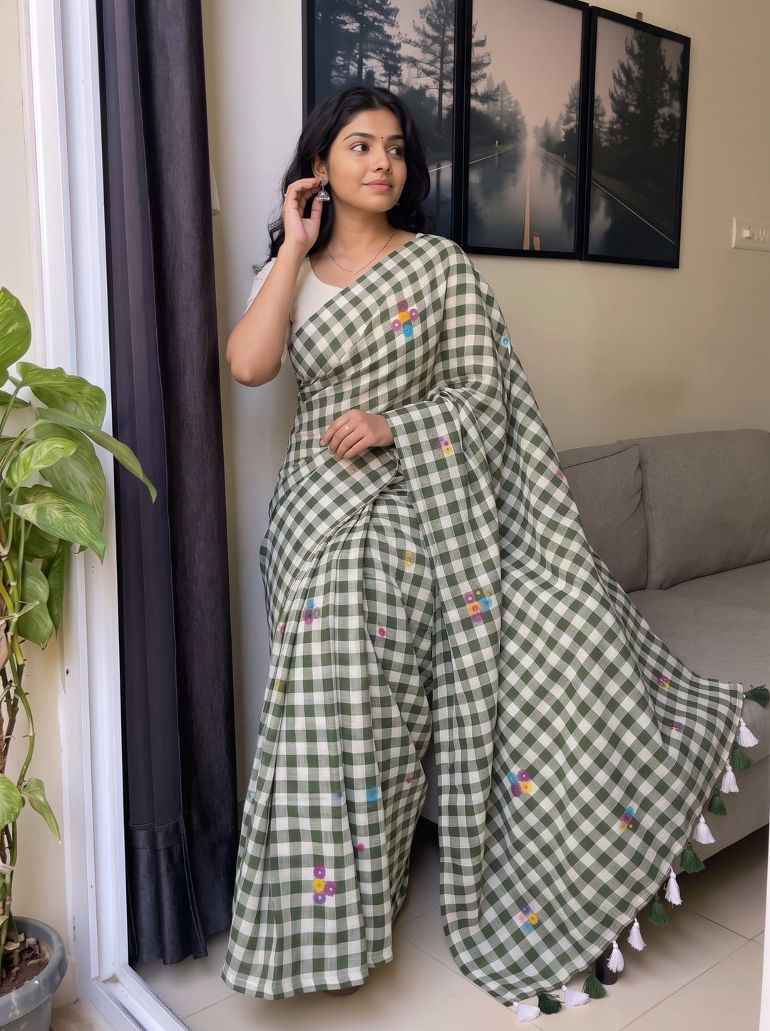 Olive Green & White Checkered Mul Cotton Saree with Multicolour Floral Motifs, Tassels & Blouse Piece