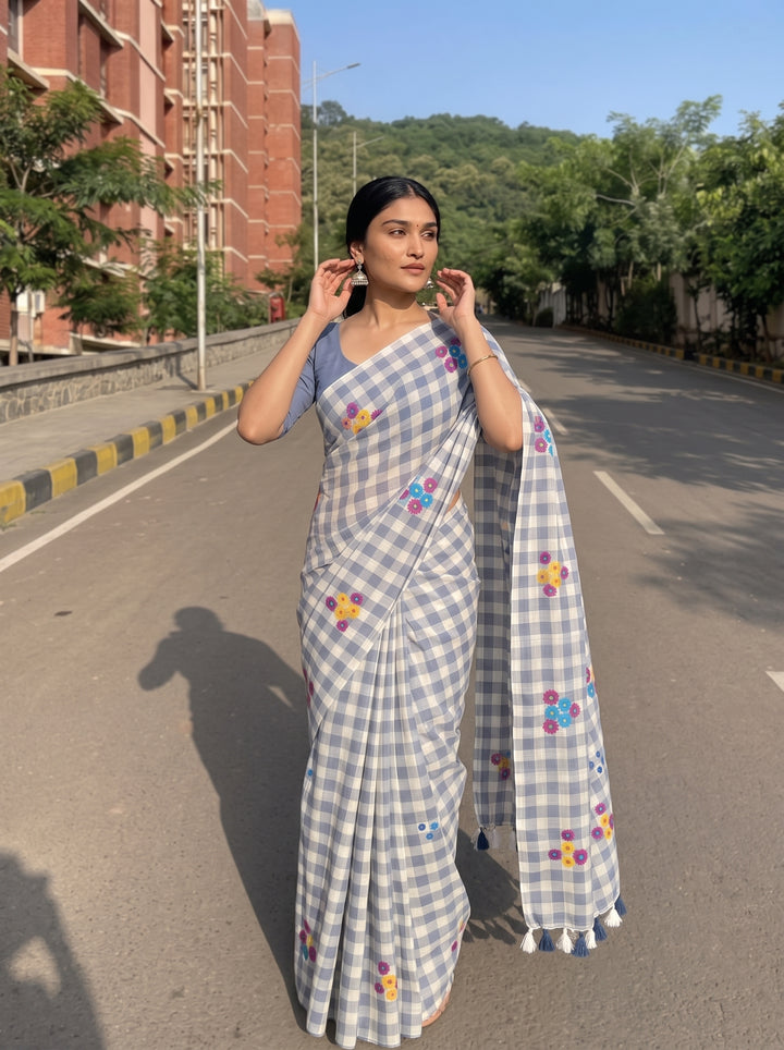 Grey & White Checkered Mul Cotton Saree with Multicolour Floral Motifs, Tassels & Blouse Piece