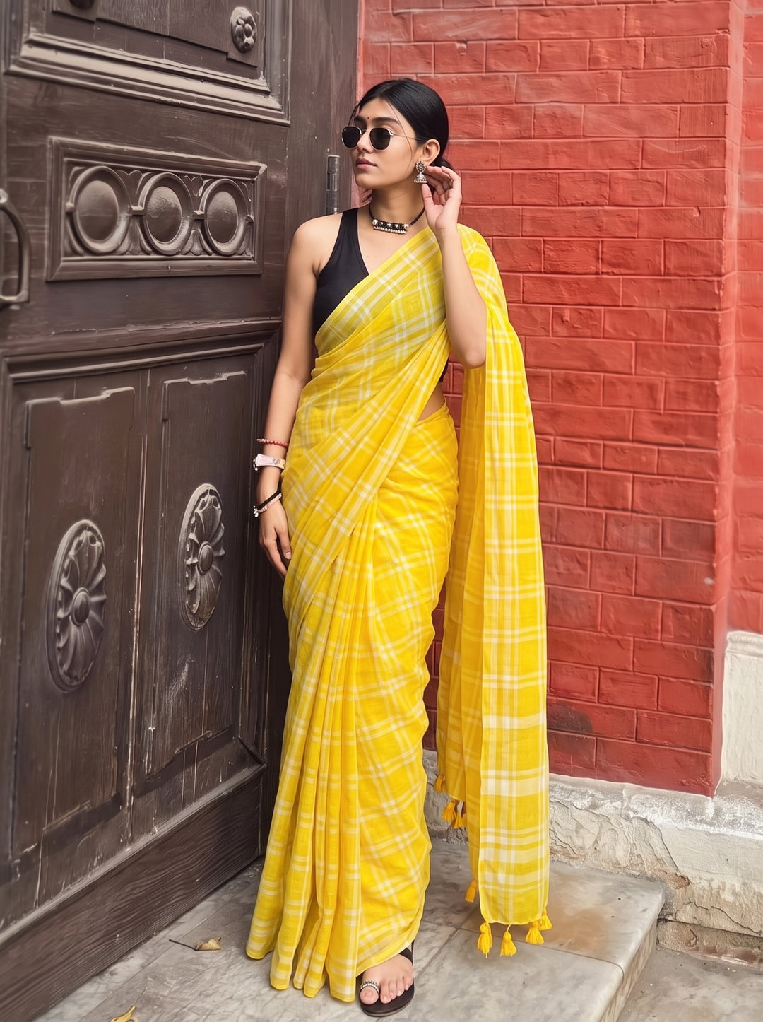Sunshine Yellow & White Madras Checkered Mul Cotton Saree with Tassels & Attached Blouse Piece