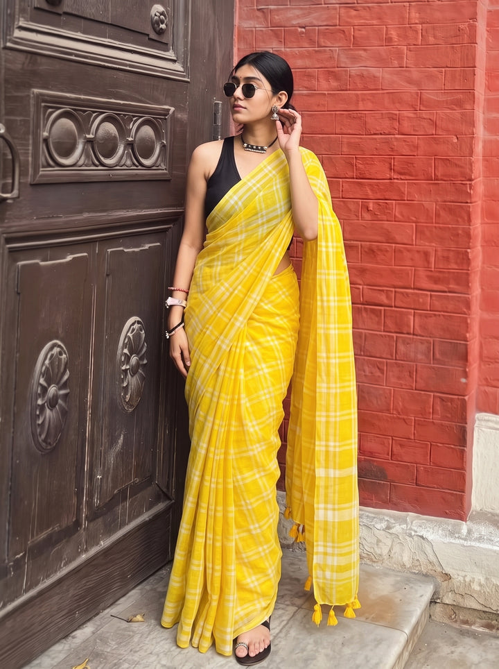 Sunshine Yellow & White Madras Checkered Mul Cotton Saree with Tassels & Attached Blouse Piece