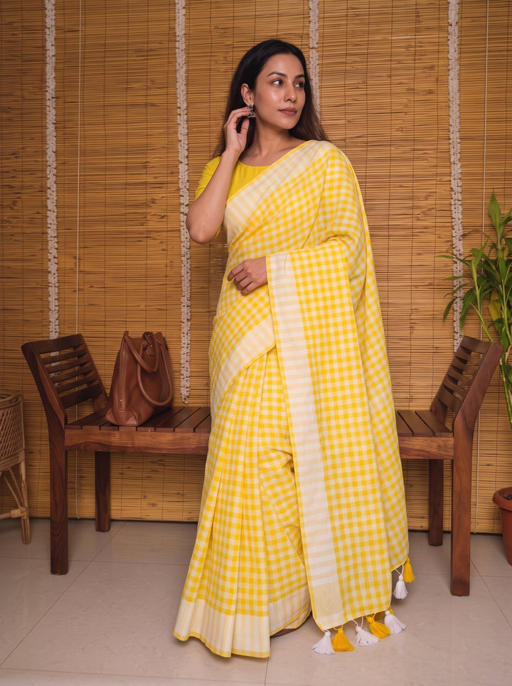 Sunshine Yellow & White Checkered Mul Cotton Saree with Tassels & Blouse Piece