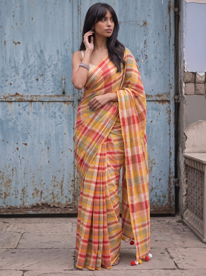 Multicolour Checkered Mul Cotton Saree with Colourful Tasselled Pallu, Comes With Attached Blouse Piece