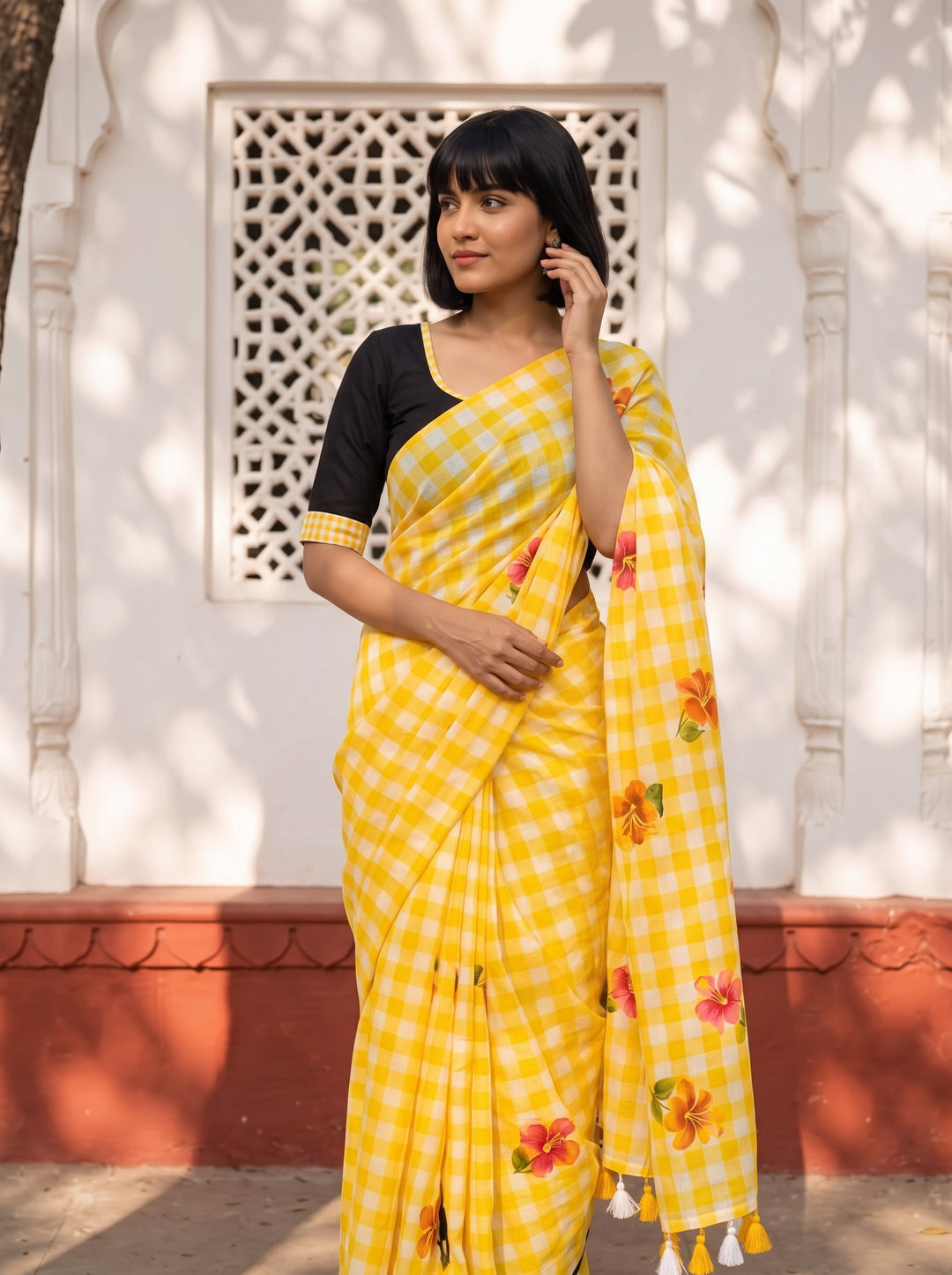 Yellow & White Checkered Mul Cotton Saree with Floral Motifs, Tassels & Blouse Piece