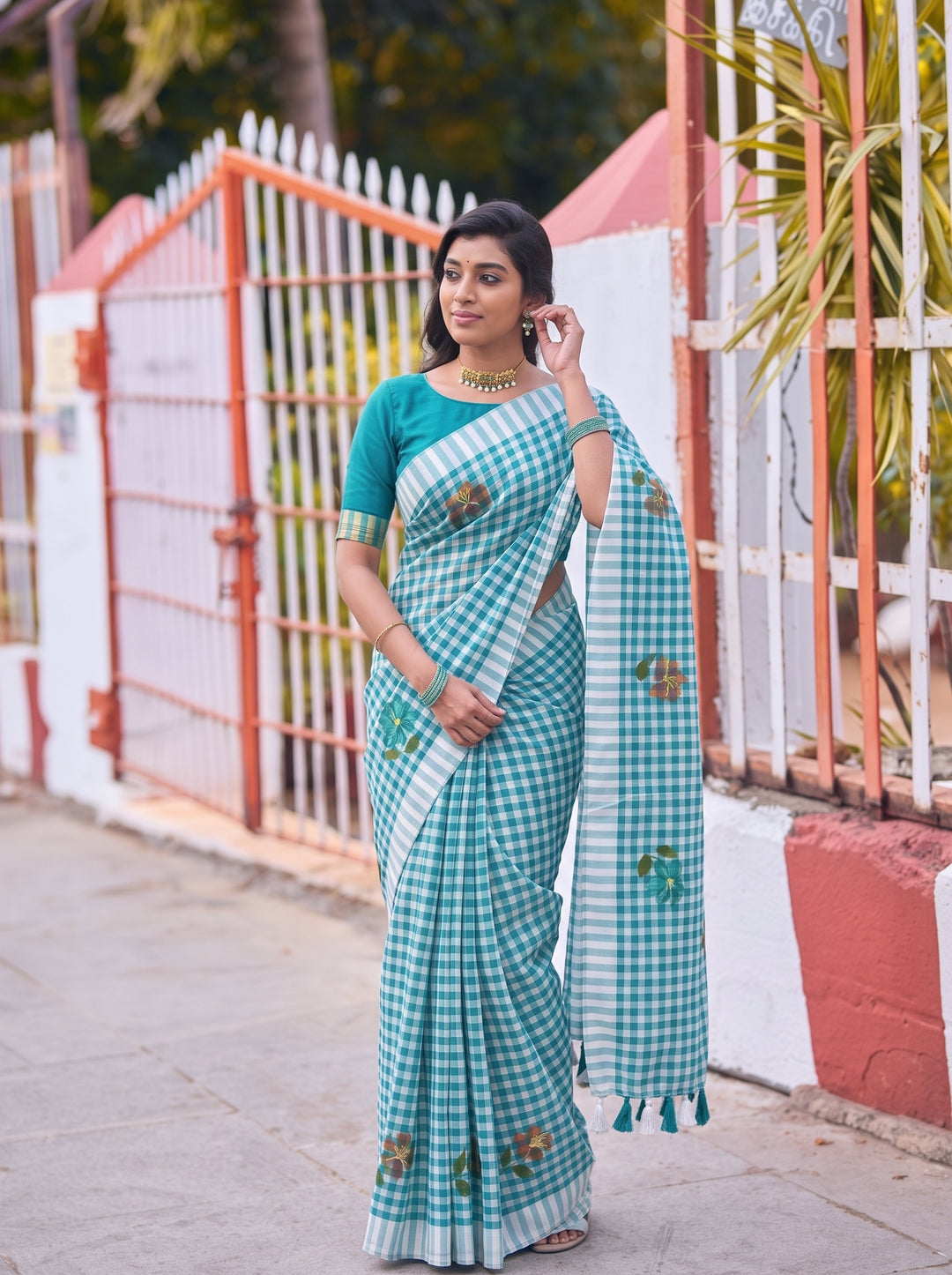 Aqua Blue & White Checkered Mul Cotton Saree with Floral Motifs, Tassels & Blouse Piece
