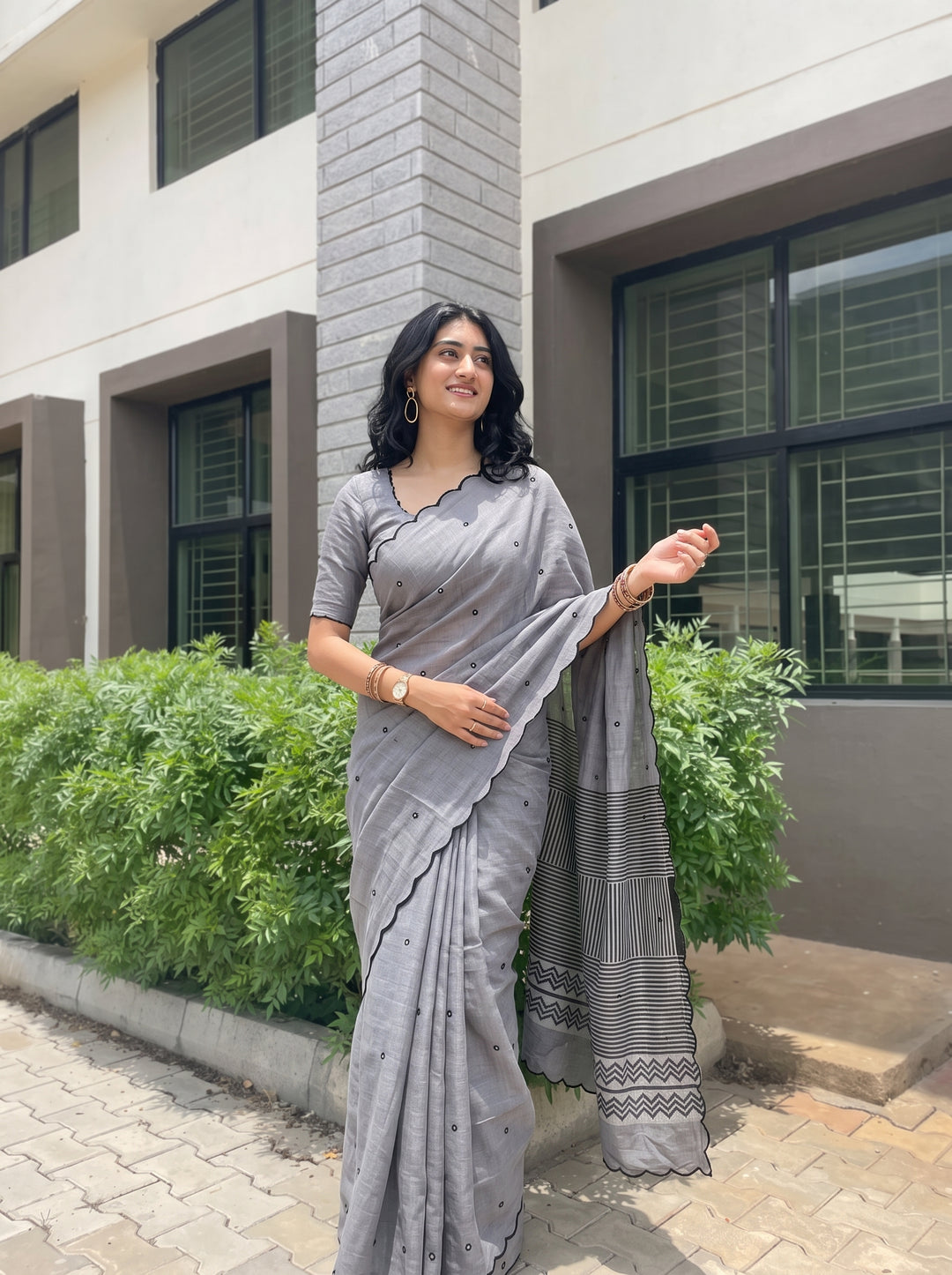 Grey Mul Cotton Saree with Aari Foil Mirror Work, Embroidered Arco Border & Striped Printed Pallu with Blouse Piece