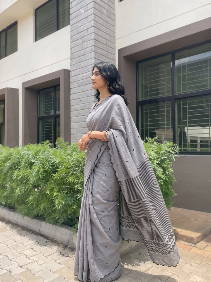 Grey Mul Cotton Saree with Aari Foil Mirror Work, Embroidered Arco Border & Striped Printed Pallu with Blouse Piece