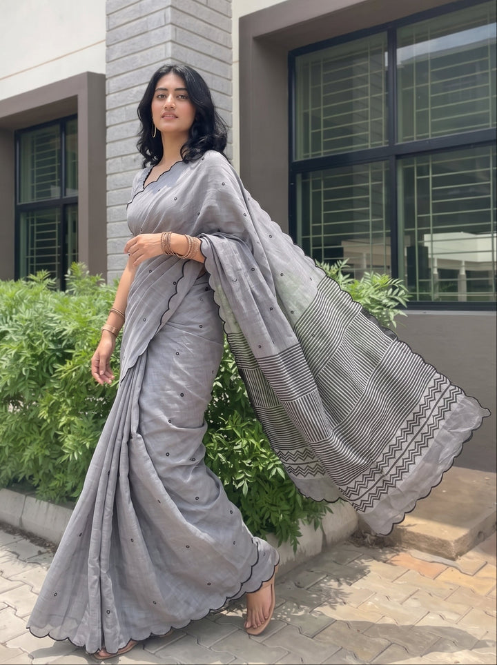 Grey Mul Cotton Saree with Aari Foil Mirror Work, Embroidered Arco Border & Striped Printed Pallu with Blouse Piece