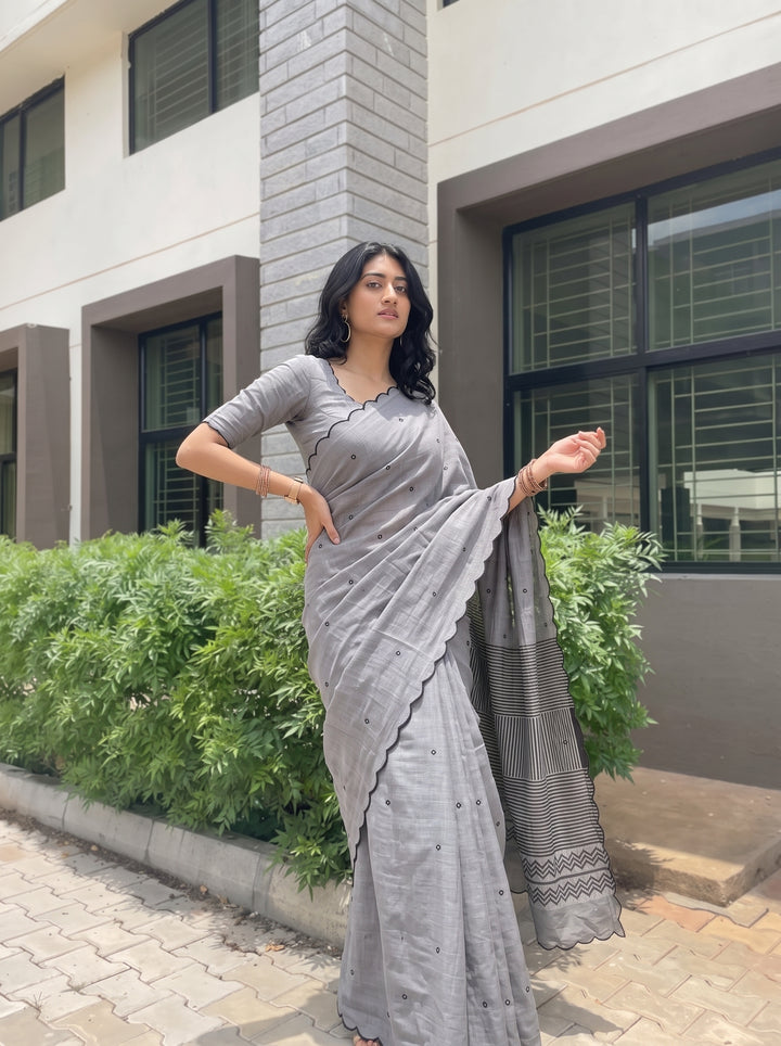 Grey Mul Cotton Saree with Aari Foil Mirror Work, Embroidered Arco Border & Striped Printed Pallu with Blouse Piece
