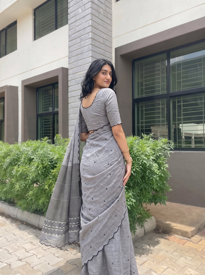 Grey Mul Cotton Saree with Aari Foil Mirror Work, Embroidered Arco Border & Striped Printed Pallu with Blouse Piece