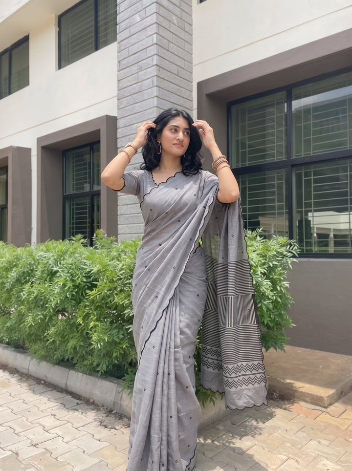 Grey Mul Cotton Saree with Aari Foil Mirror Work, Embroidered Arco Border & Striped Printed Pallu with Blouse Piece