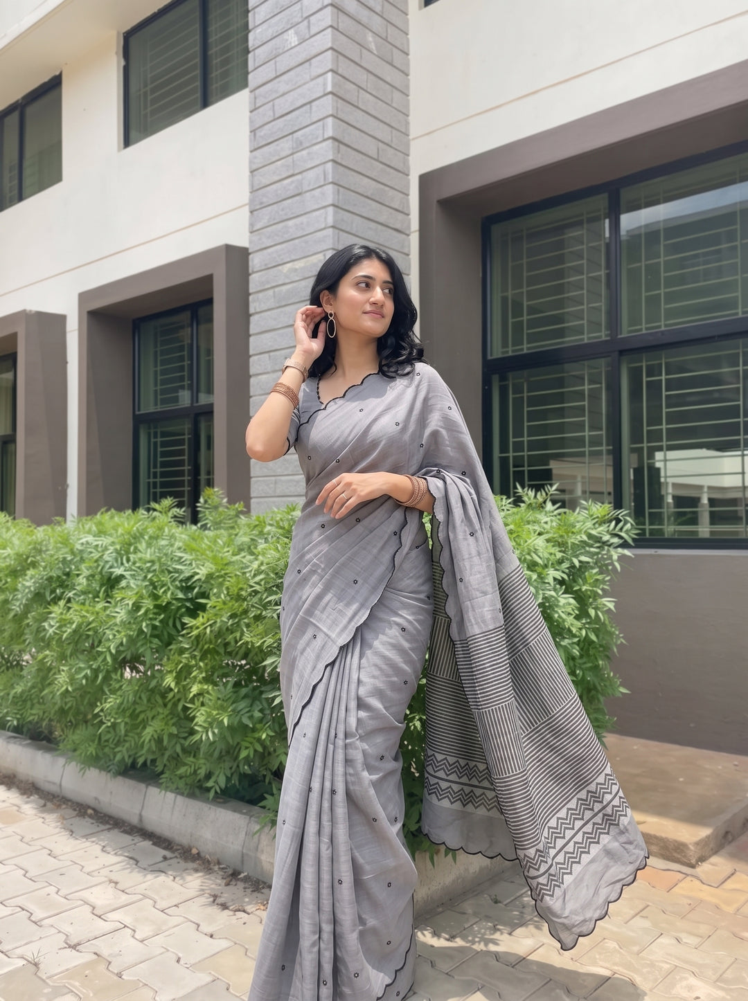 Grey Mul Cotton Saree with Aari Foil Mirror Work, Embroidered Arco Border & Striped Printed Pallu with Blouse Piece