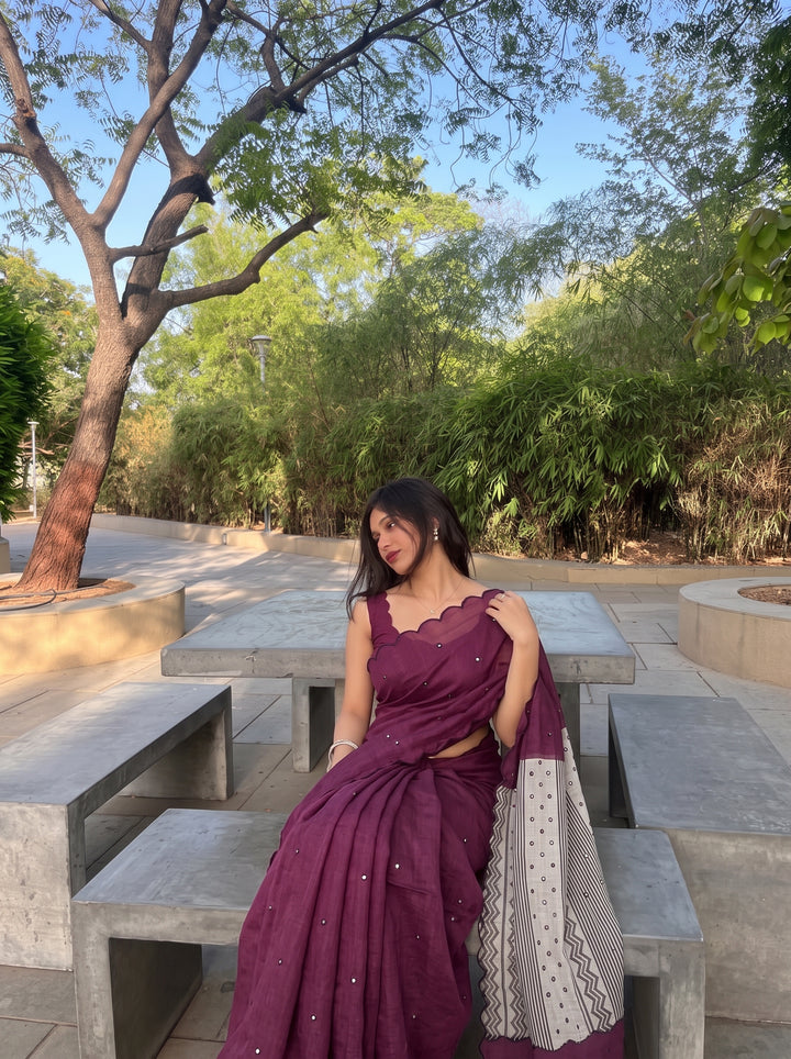 Wine Mul Cotton Saree with Aari Foil Mirror Work, Embroidered Arco Border & Contrast Printed Pallu with Blouse Piece