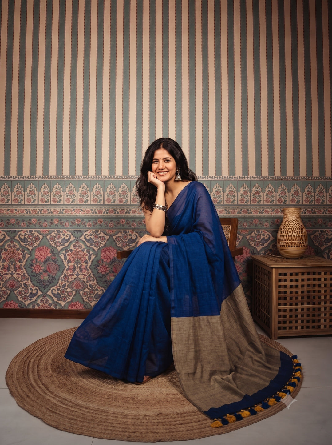 Navy Blue Mul Cotton Saree with Beige Contrast Pallu, Tassels & Matching Blouse