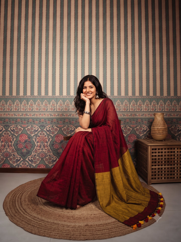 Deep Red Mul Cotton Saree with Mustard Gold Contrast Pallu, Tassels & Matching Blouse