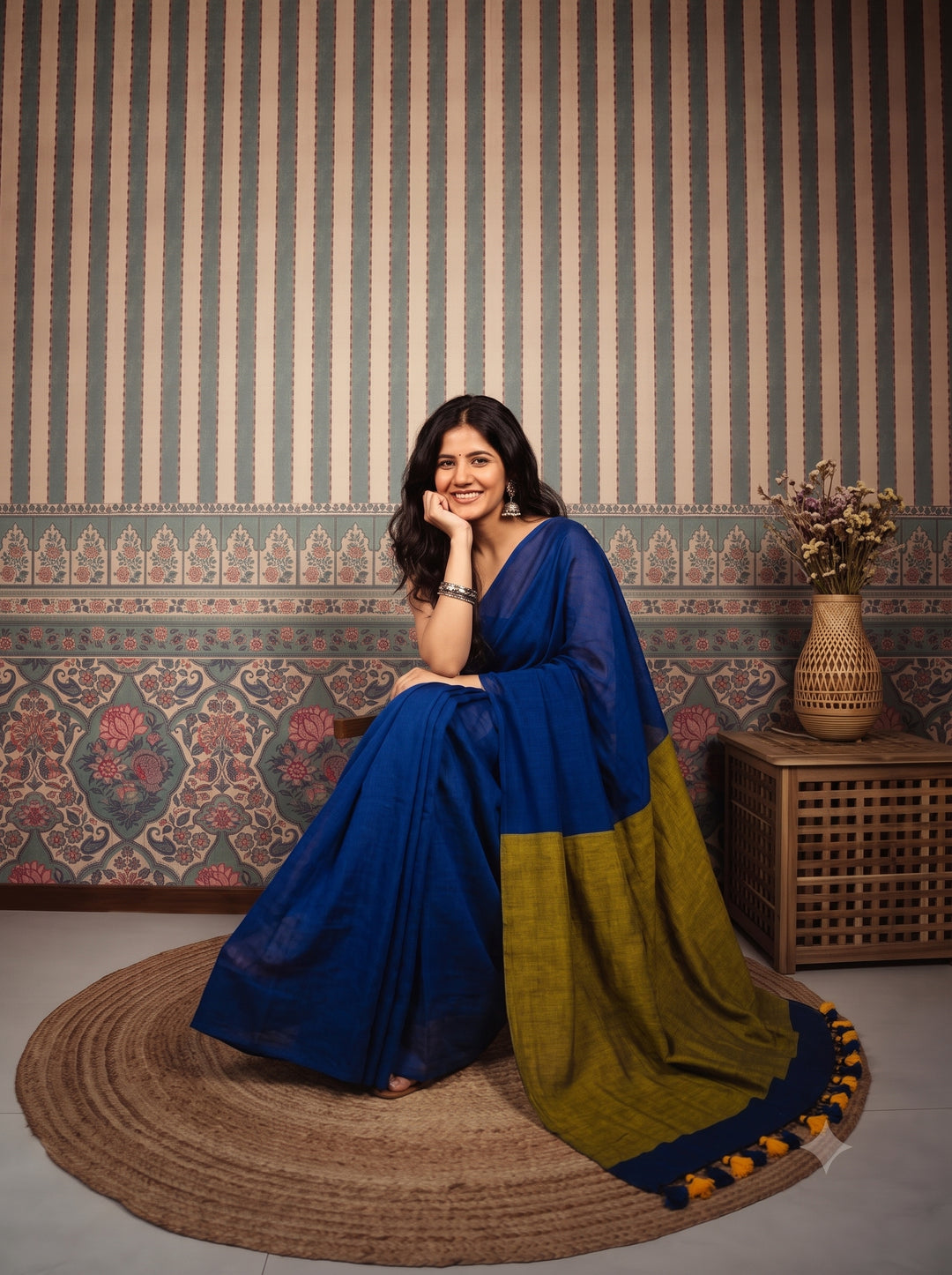 Royal Blue Mul Cotton Saree with Mustard Green Contrast Pallu, Tassels & Matching Blouse