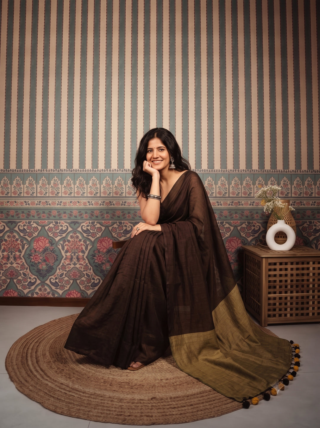 Chocolate Brown Mul Cotton Saree with Antique Gold Contrast Pallu, Tassels & Matching Blouse