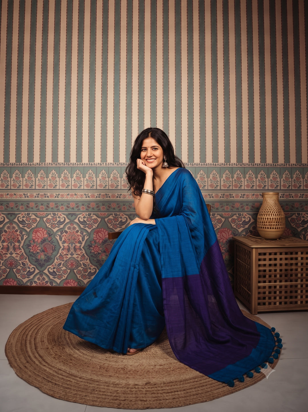 Cobalt Blue Mul Cotton Saree with Deep Purple Contrast Pallu, Tassels & Matching Blouse