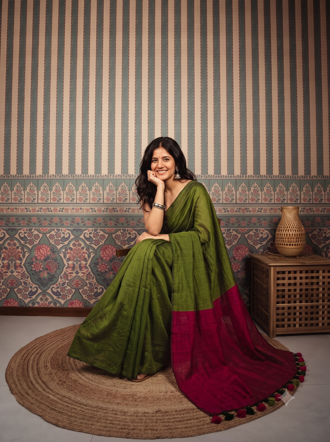 Olive Green Mul Cotton Saree with Contrast Magenta Pallu, Tassels & Matching Blouse