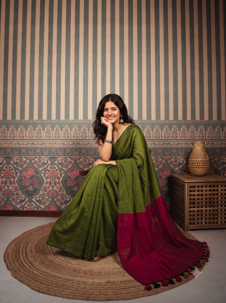 Olive Green Mul Cotton Saree with Contrast Magenta Pallu, Tassels & Matching Blouse