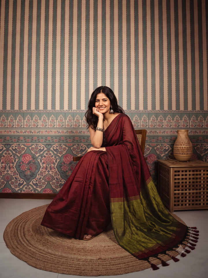 Wine Mul Cotton Saree with Antique Gold Zari Woven Pallu, Tassels & Matching Blouse