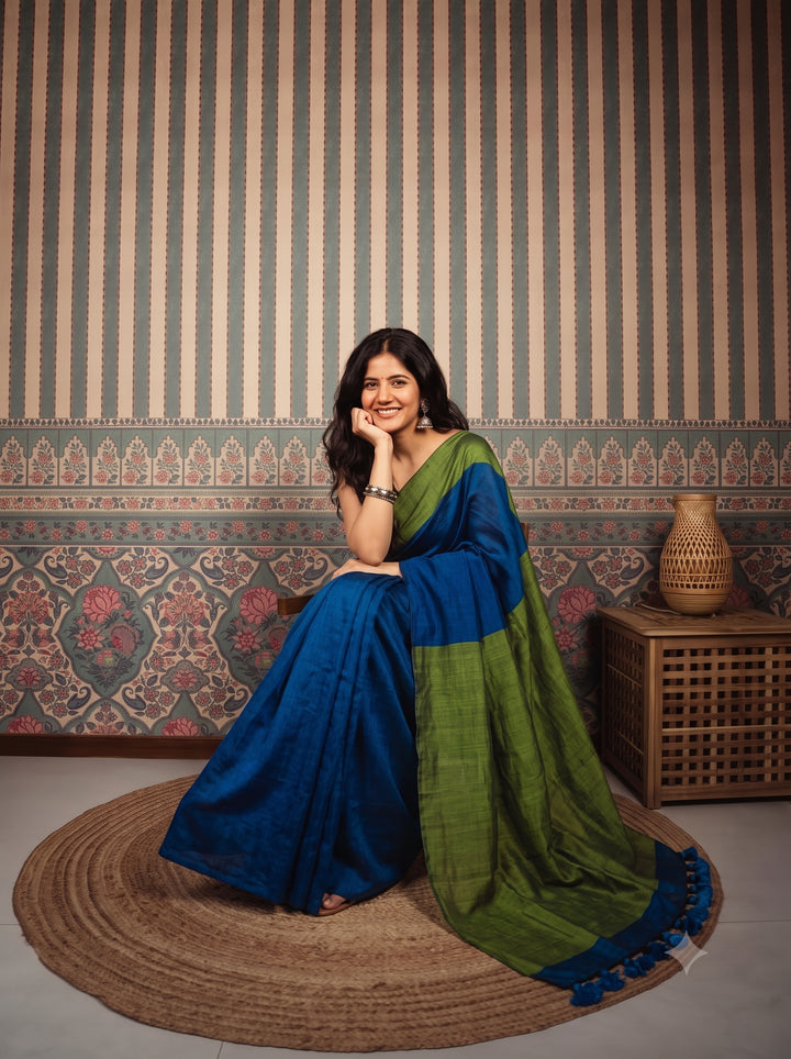 Royal Blue Mul Cotton Saree with Olive Green Contrast Pallu, Tassels & Matching Blouse